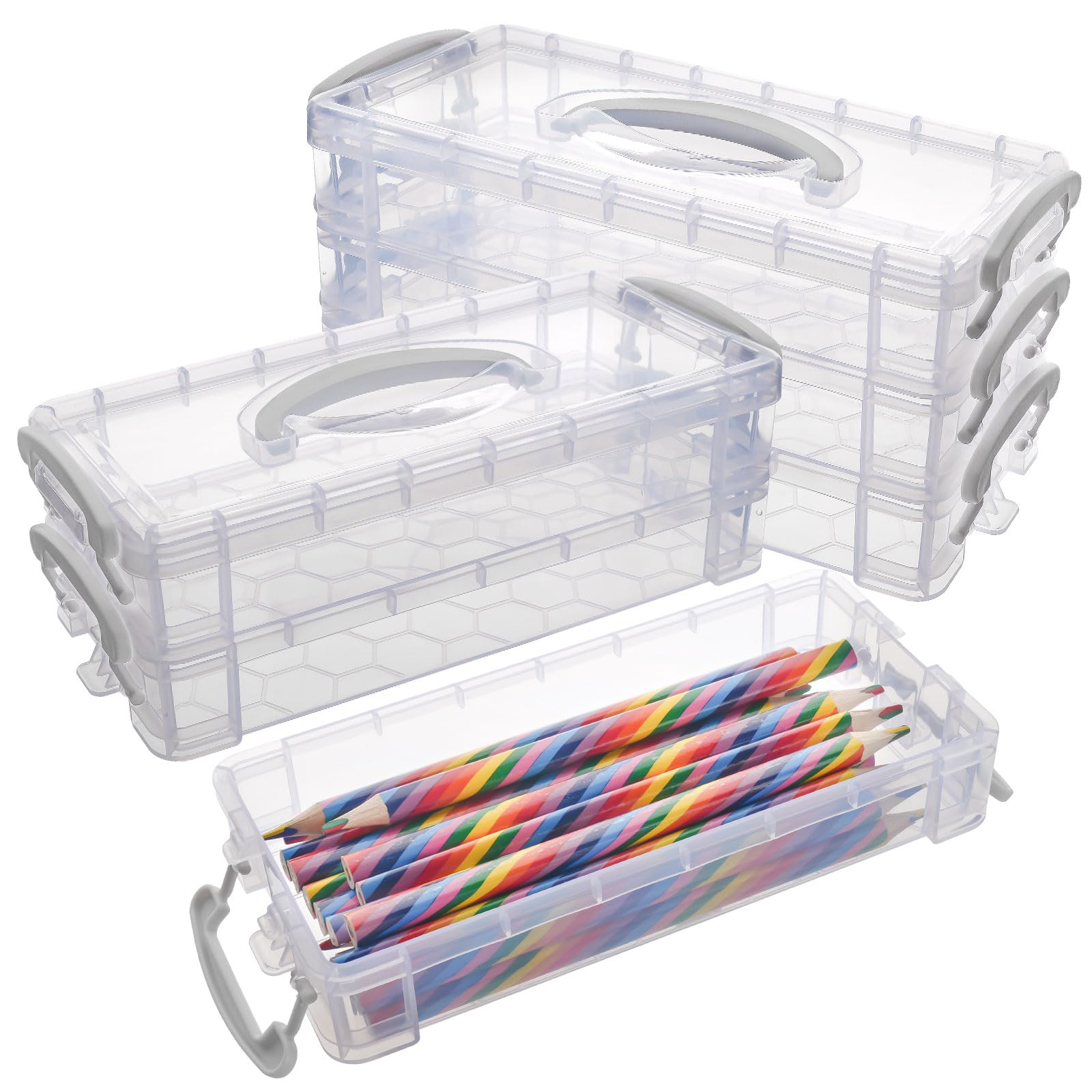 TikplusStackable Pencil Box, Set of 2, 3-Layer Children's Pen Box with Lid, Transparent Plastic Pencil Boxes, Pen Storage for Watercolour Pencils, Brush Painting Pens, Office Supplies Organiser