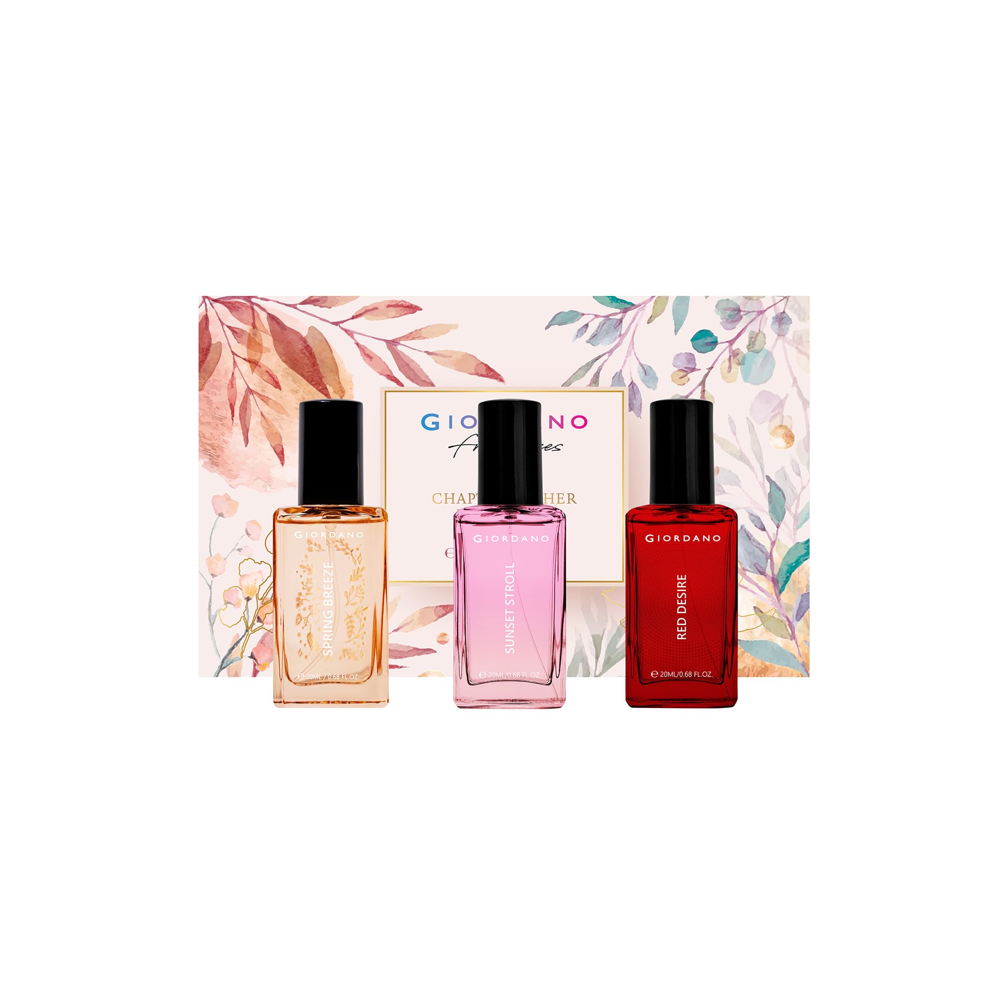 Giordano Chapters of Her Discovery Set | Eau de Parfum for Women (3 x 20ml) | Long Lasting Perfume Gift Set | Spring Breeze: Floral Marine, Sunset Stroll: Musky Floral, Red Desire: Woody | Travel Size Fragrance Collection-image-43