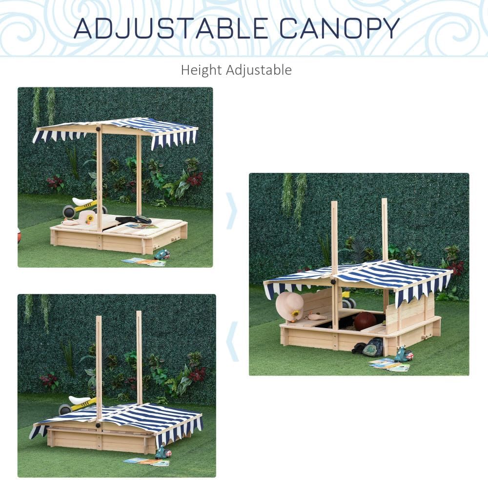 Wooden Kids Sandbox with Adjustable Canopy and Weather Cover for Outdoor Play, Natural Finish Sandpit with Bench Seating and Drainage Liner