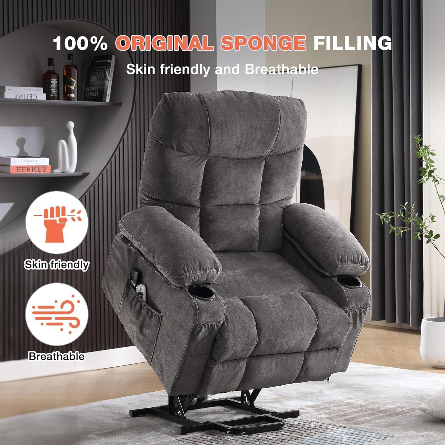 Ultra Wide Power Lift Recliner Chair for Elderly,Rotating Lounge Chair with Hot Massage Heating and Auxiliary Standing Function,Oversized Lazyboy Single Sofa with Cup Holder for Living Room (Grey)