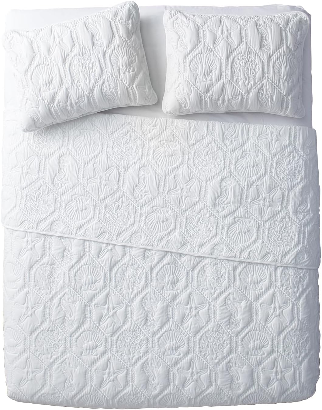 VCNY Home Queen Size 3-Piece Beach Bedding Set | Reversible Quilt & Matching Shams | Soft & Breathable | Wrinkle Resistant | Lightweight for Year Round Comfort | Coastal Room Decor | Shore White