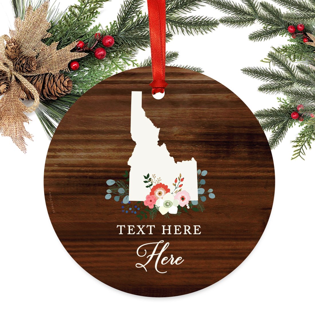 Andaz Press Personalized US State Round Metal Christmas Ornament, Rustic Wood with Florals, Idaho, 1-Pack, Includes Ribbon and Gift Bag, Custom Name