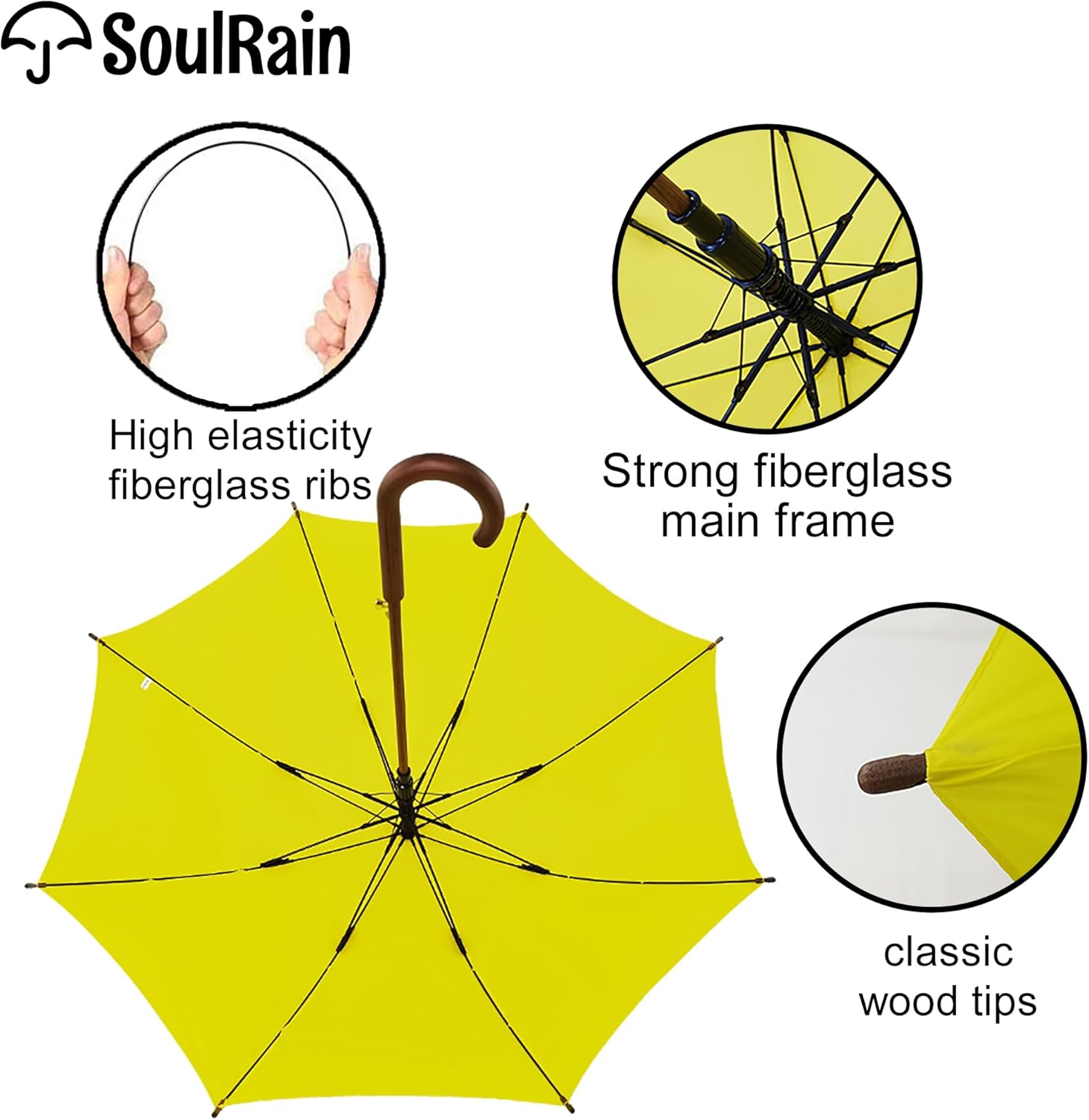 SoulRain 48" Large Umbrella –Windproof Stick Umbrellas for Rain, Automatic Open, Vintage Cane Yellow Umbrella with Classic Wooden Handle & Shaft,Open for 2 Persons for Women & Men(Yellow) - Image 6