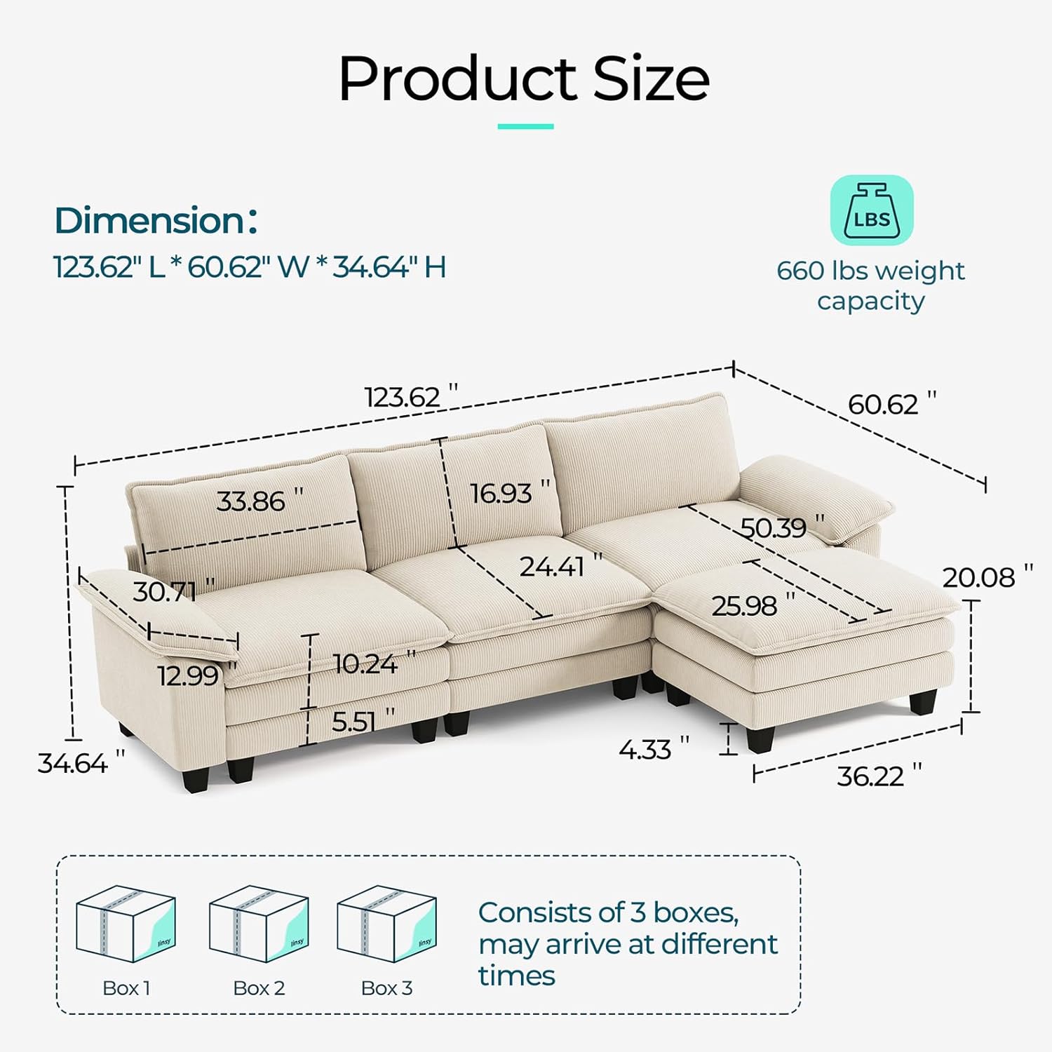 LINSY HOME 123'' Modular Sectional Sofa Beige Couch Corduroy Cloud Couches for Living Room, L Shaped Couch with Movable Ottoman, Modern Cloud Sectional Sofas for Bedroom and Apartment, Beige Beige 123'' L Shape Sofa INCOMPLETE SET box