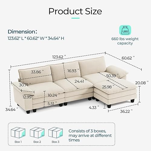Miniatura 2 de LINSY HOME Sofá modular de 123 pulgadas, sofá modular beige de pana para sala de estar, sofá en forma de L con otomana móvil, modernos sofás