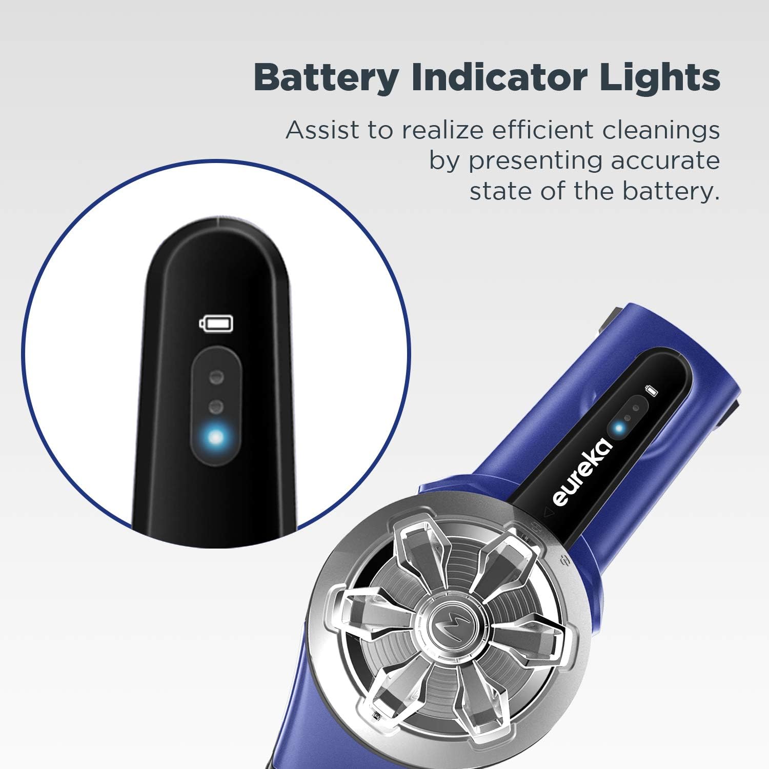 Close-up of the battery indicator lights on the vacuum's handle