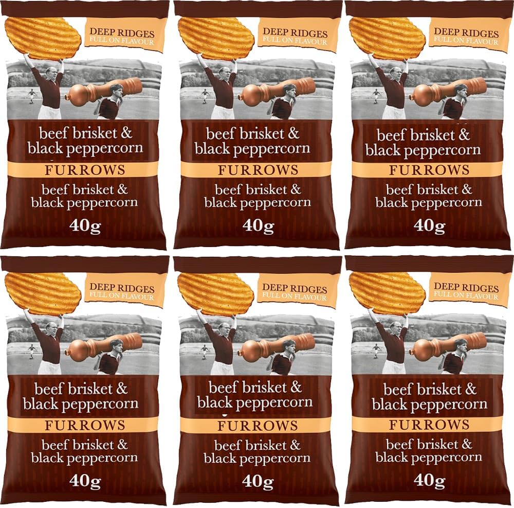 Beef Brisket & Black Peppercorn Crisps Chips Bag 40g - Deep Ridges Full on Flavour -tl (6 x Packs)