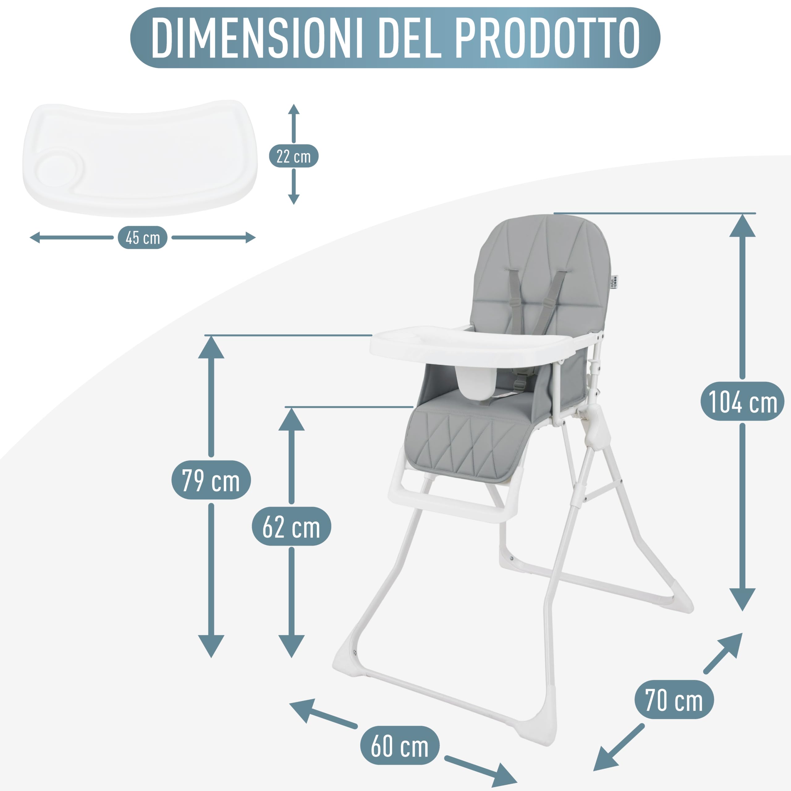 IB STYLE Seggiolone Pappa Leno - Seggiolone Pieghevole e Salvaspazio, Evolutivo con Vassoio e Poggiapiedi, Cintura a 5 Punti, Seduta Imbottita, Facile da Pulire, da 6 Mesi a 3 Anni (15 kg), Grigio