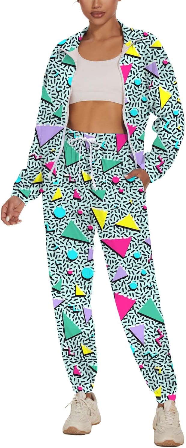 UOUA Women's Color Block 2 Piece 80s 90s Outfits Long Sleeve Windbreaker Jacket Tracksuit Set