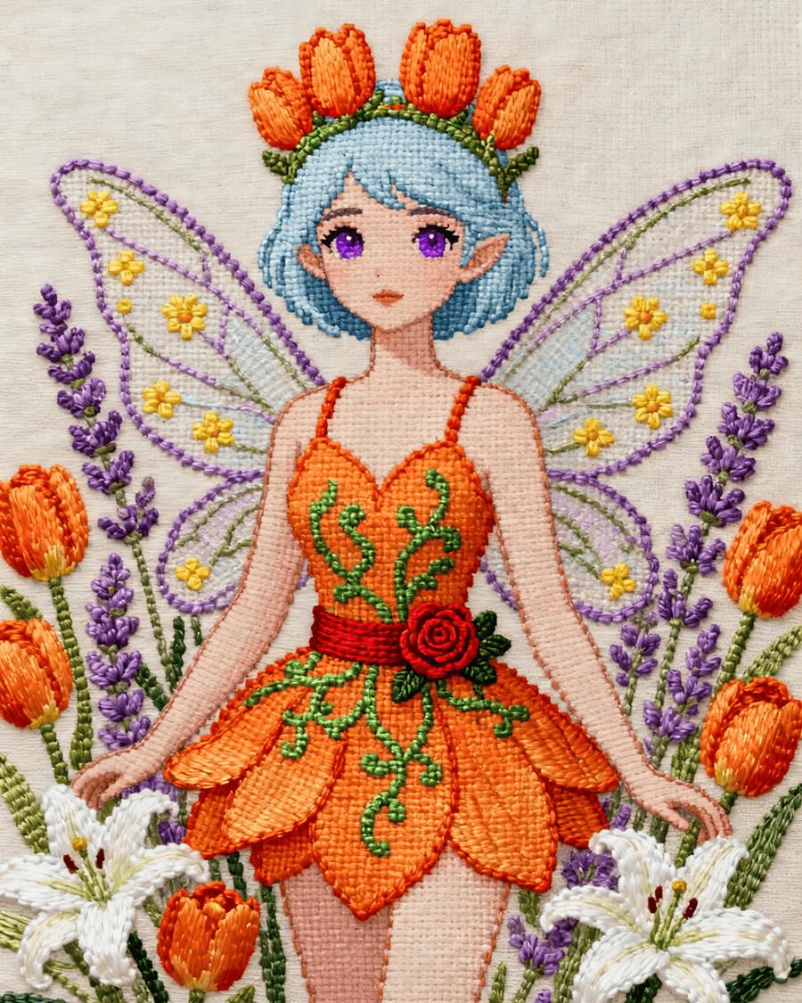 WallustrioaW Embroidery Cross Stitch Kits for Beginners,Fairy Flower Girl,Stamped Embroidery 11CT Needlework Kit DIY Artwork for Adults Girls Wall Decor,16x20in