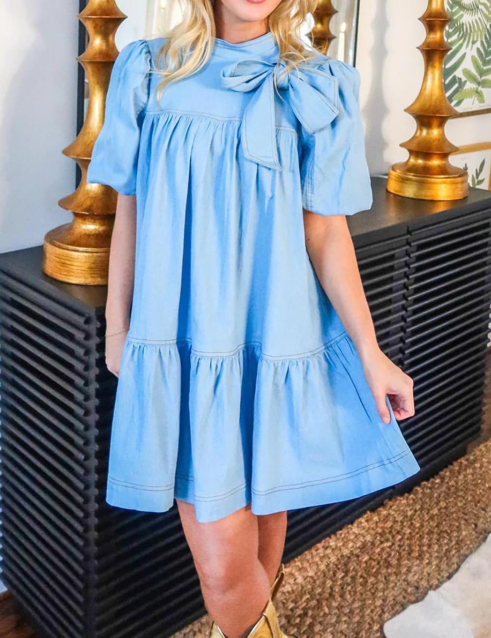 Women Summer Puff Short Sleeve Denim Dress Mock Neck Babydoll Jean Dress with Bow - Image 7