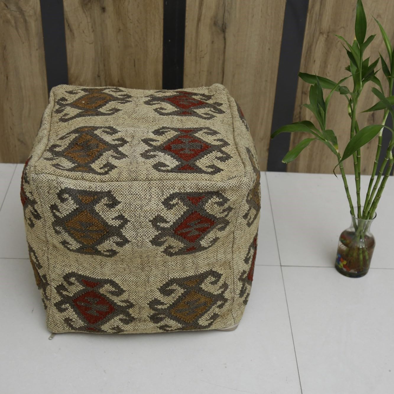 Trade Star 70% Jute 30% Wool Kilim Pouf Cover Pouffe Cover Vintage Rustic Home Decor Seating Pouf Case Authentic Handmade Ottoman Footstool Floor Cushion Cover for Living Room