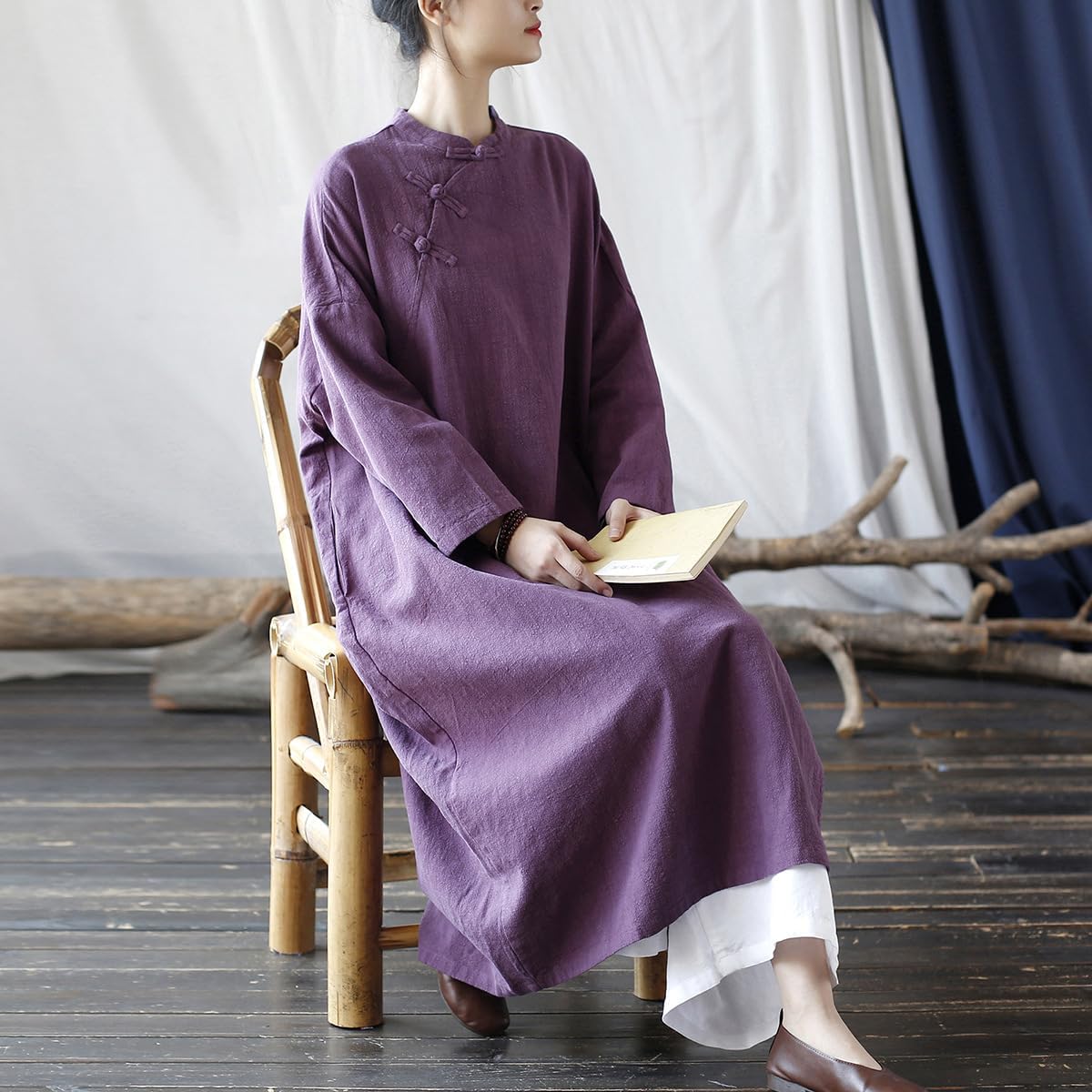Ystylee Womens Retro Loose Cotton Linen Long Shirt Dress Cheongsam Collar Chinese Robe Dresses with Pockets