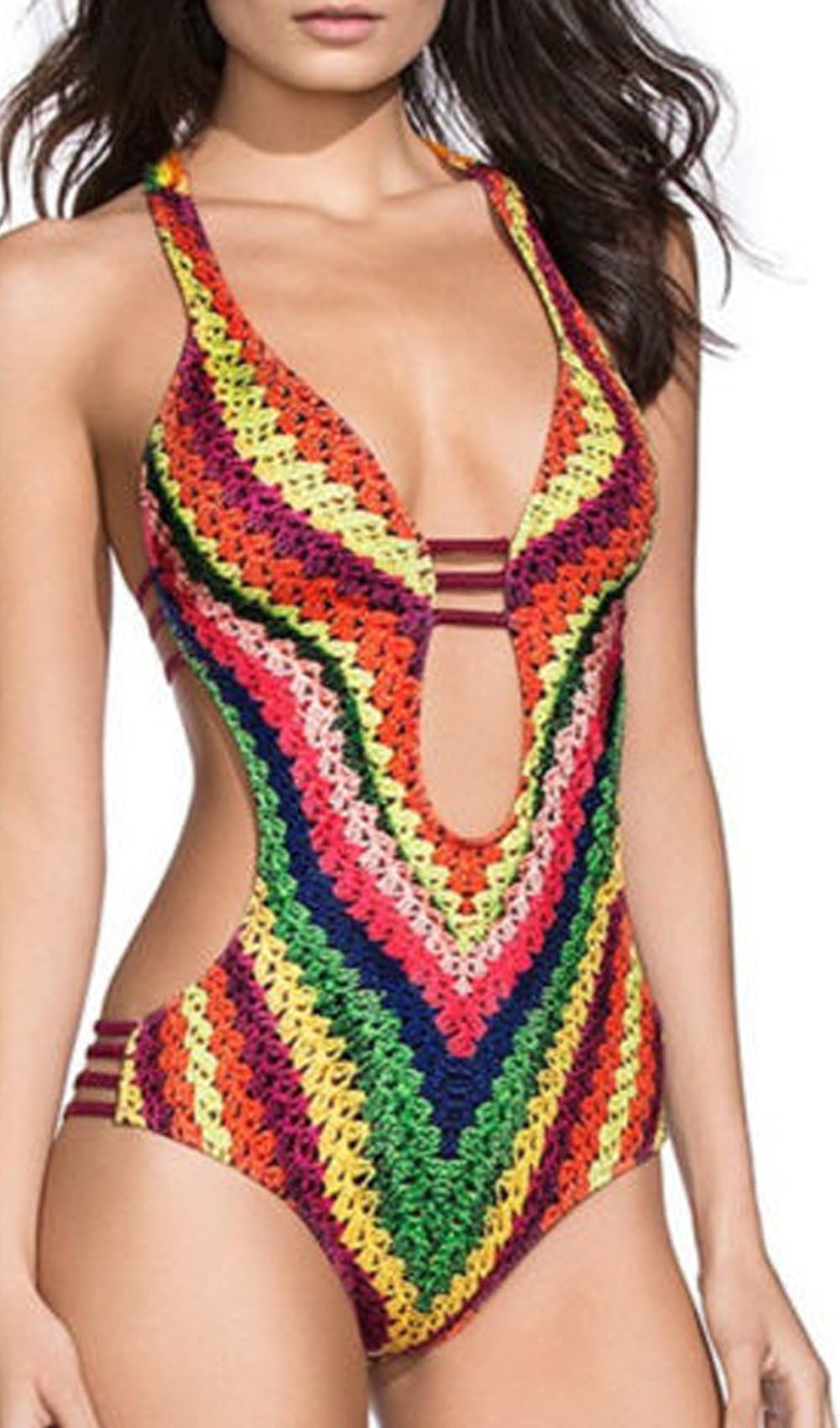 Women Sexy Monokini Multicoloured Floral Crochet Bandage Swimwear One Piece Swimsuit (S)