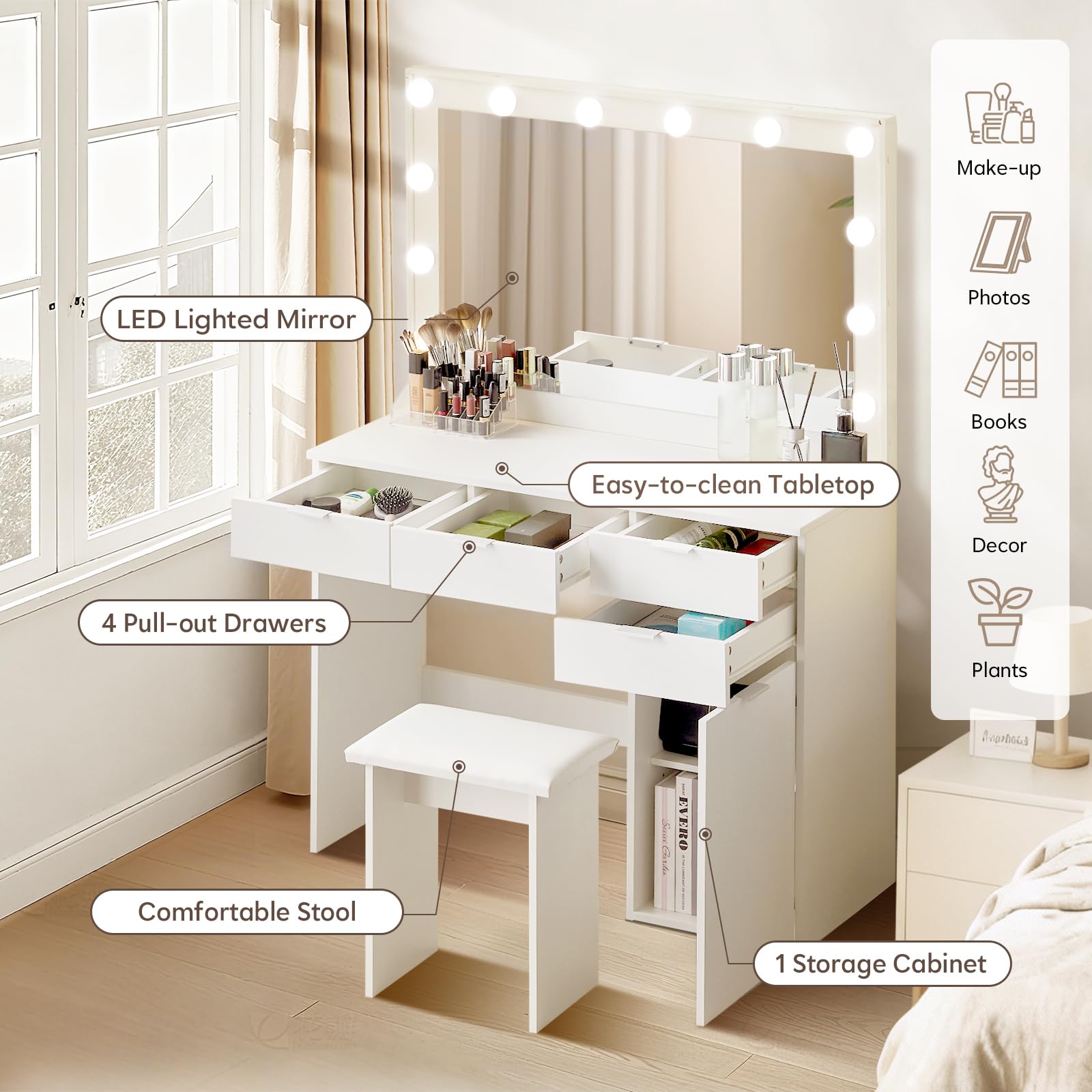 TUKAILAi White Large Dressing Table Set with Hollywood 12 LED Lights Mirror and Cushioned Stool, Vanity Desk Set Makeup Table with 4 Drawers and Storage Unit Dresser for Bedroom Girls Women