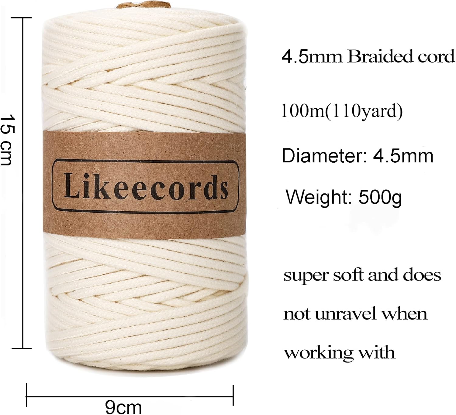 Likeecords Braided Macrame Cotton Cord 4.5mm×109 Yards Macrame Cotton Rope Bohemia Macrame Supplies for Handmade Plant Hangers Wall (Beige)