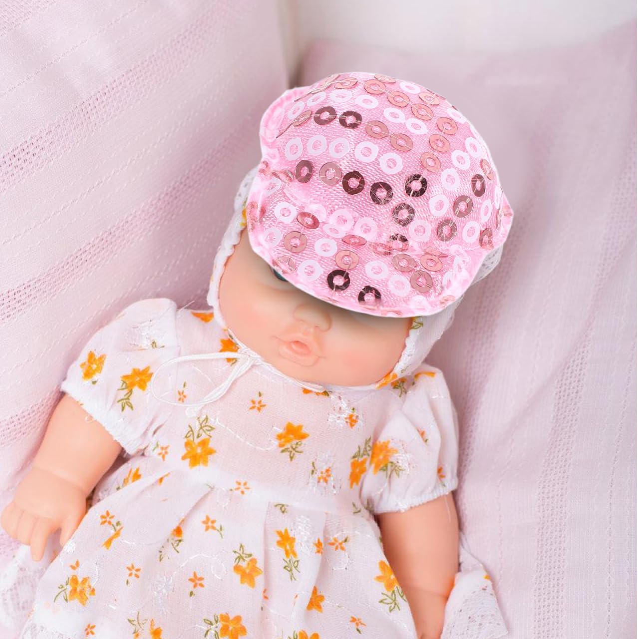 Amosfun 10Pcs Mini Sequin Baseball Caps 1.77X1.37X0.47In DIY Doll Hats for Doll Accessories Party Dress up and Role Playing Small Hats for Miniature Dolls