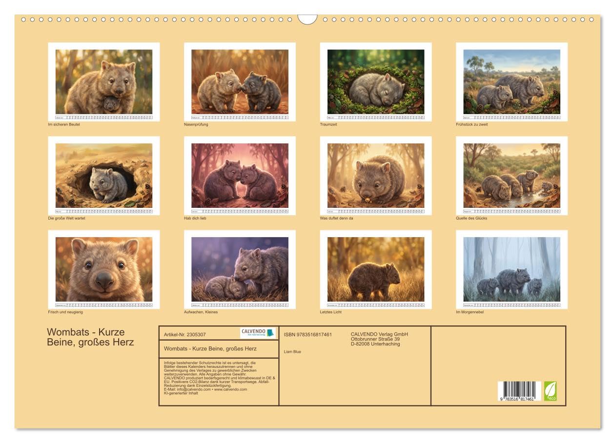 Wombats - Kurze Beine, großes Herz (Wandkalender 2027 DIN A2 quer), CALVENDO Monatskalender: Australiens liebenswerte Beuteltiere beobachtet (CALVENDO Tiere)