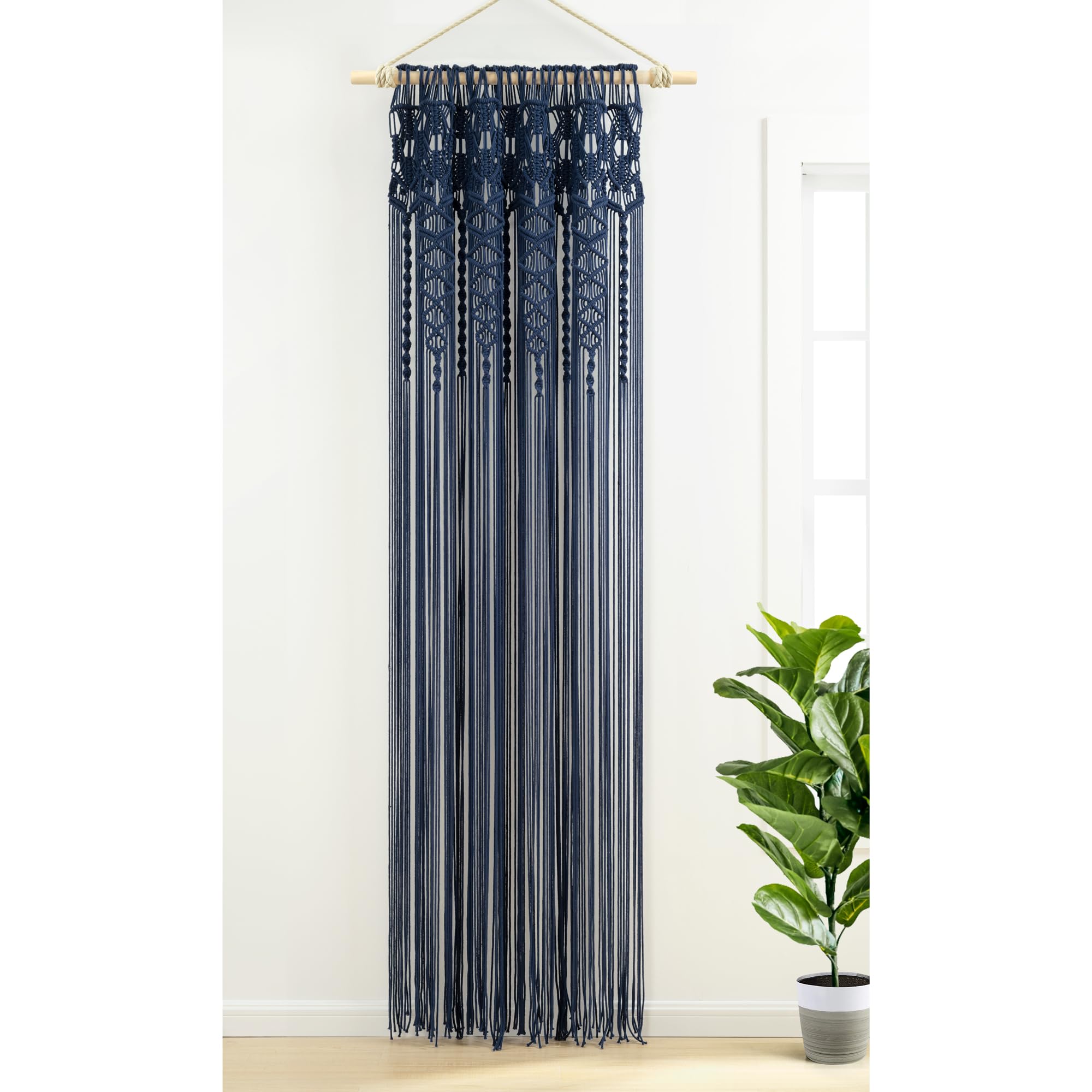 Lush Decor Cortina Bohemia de macramé de algodón Texturizado para Ventana, Separador de Habitaciones, Puerta, decoración de Pared, 84 Pulgadas de Largo x 40 Pulgadas de Ancho, Azul Marino