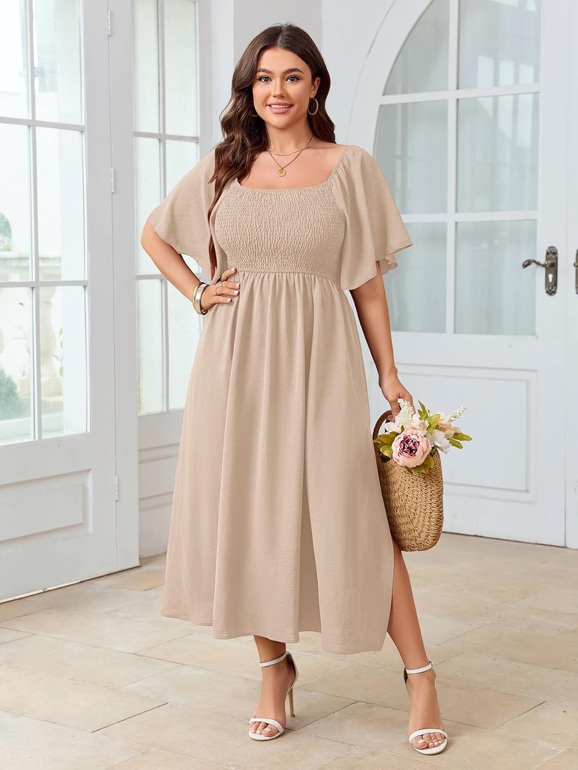 Women's Plus Size Dress Short Sleeve Square Neck Smocked Side Split Flowy A Line Long Maxi Dress - Image 5
