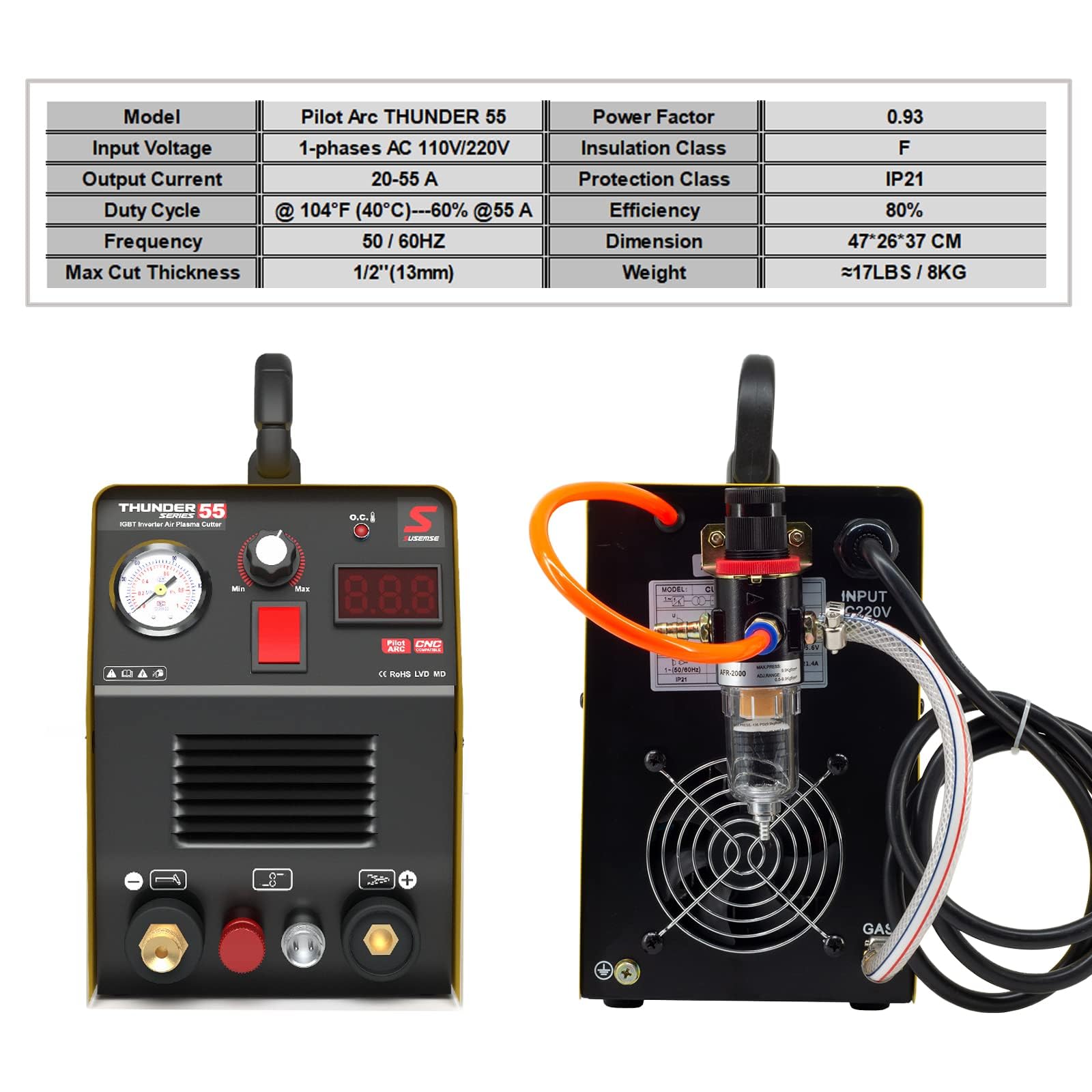 SUSEMSE Taglierina al plasma, Non-Touch Pilot Arc Cut 55 Amp Macchina da taglio al plasma, Portable IGBT DC Air Inverter Plasma Cutter 230V Thunder 55