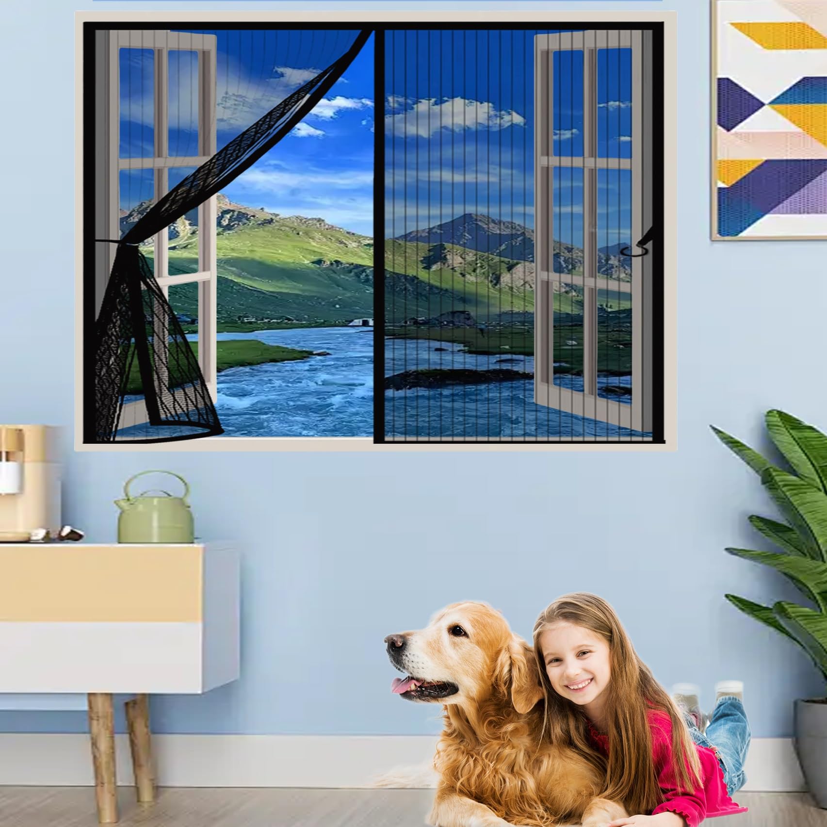 Chbin Black Magnetic Fly Screen 106 X 130 Cm Automatically Closes, Keep Bugs Out, Without Drilling, Easy To Install, Curtains Screen Mesh For Double Door/French Doors,
