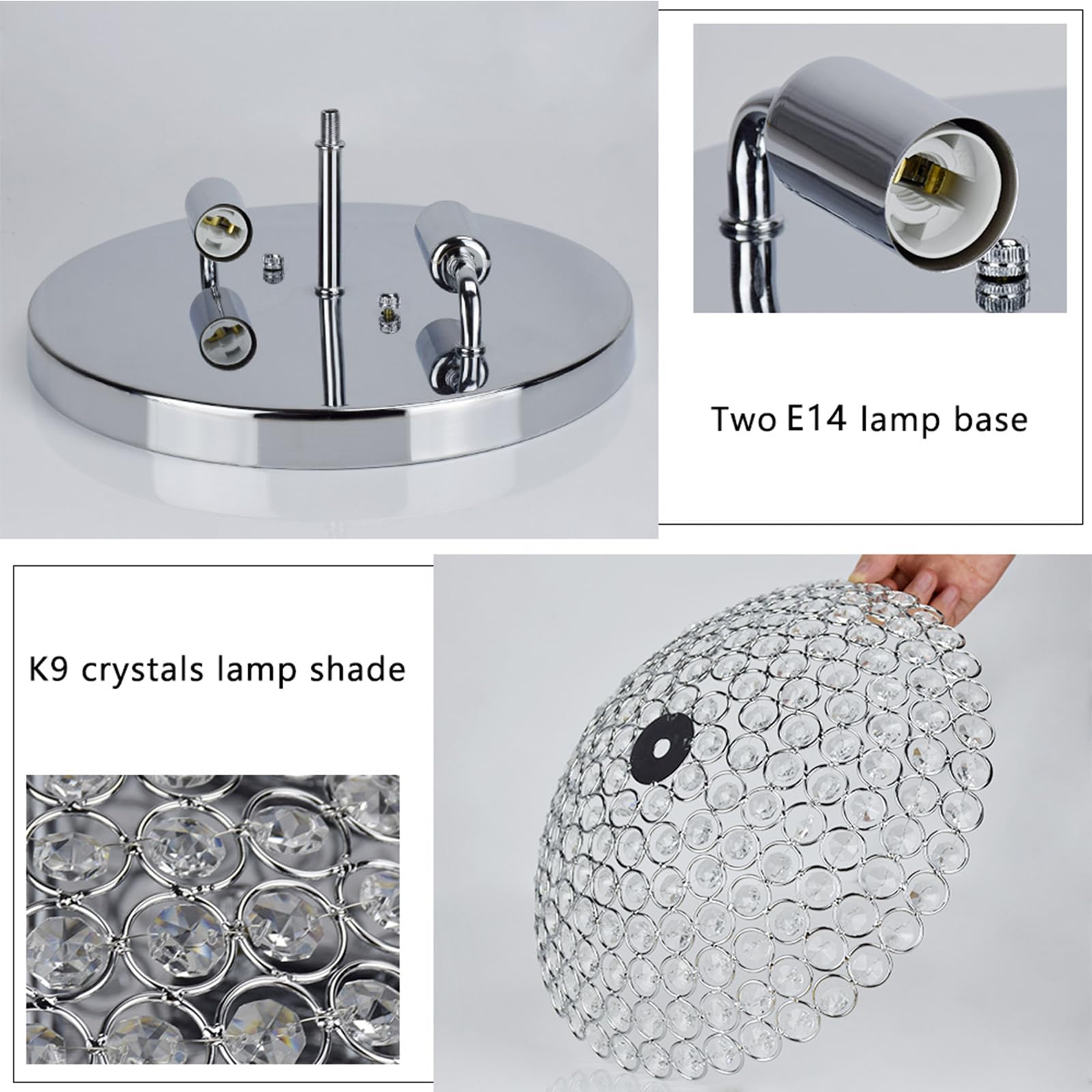 Depuley Plafonnier en cristal de luxe, 2 lumières chromées encastrées, en forme de cuvette, lustre moderne et élégant en cristal pour salon, chambre, couloir (ampoules E14 non incluses)