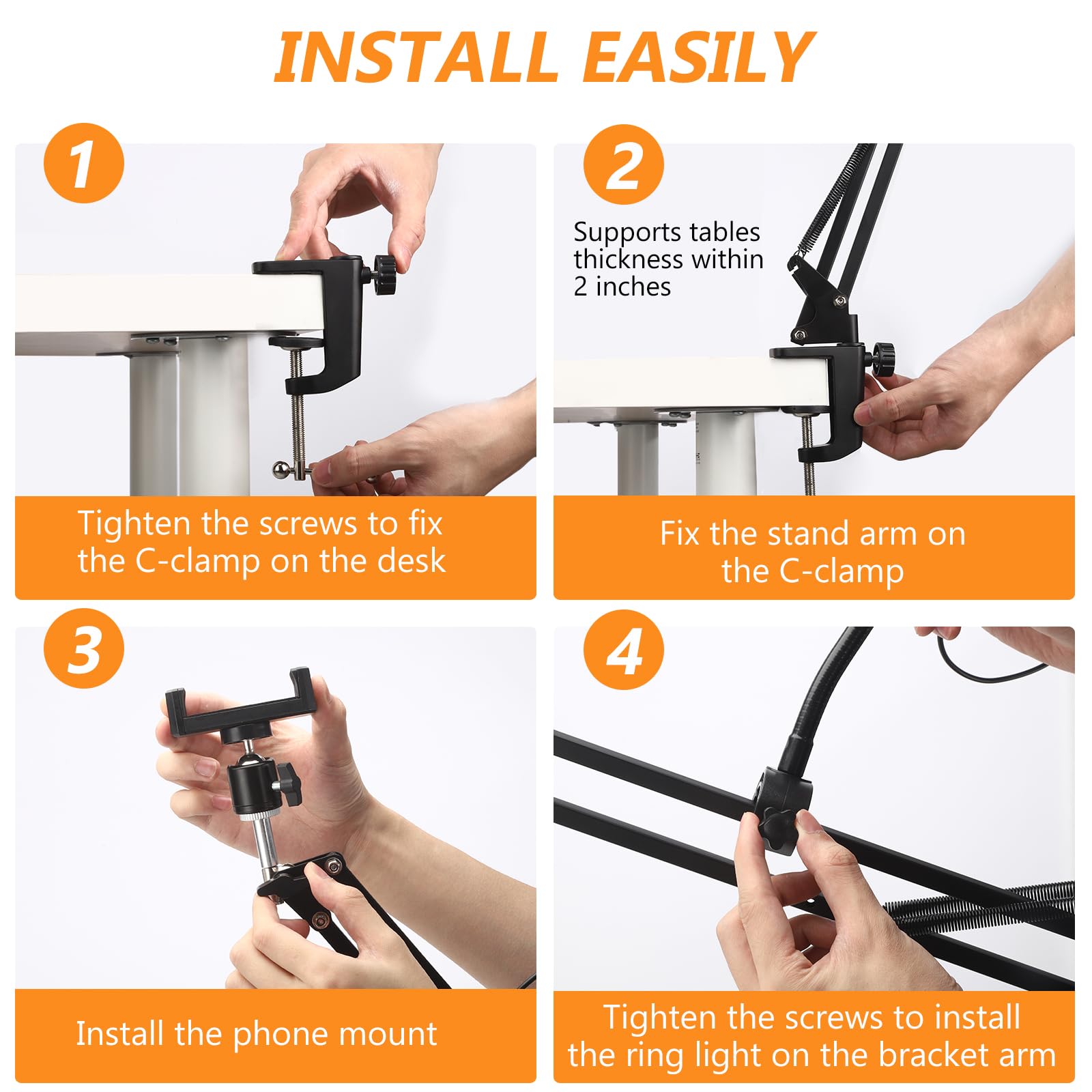 Supporto per cellulare appeso con luce anulare, supporto flessibile per fotocamera da tavolo con luce anulare per registrazione video, live streaming, pittura, make-up e infeltrimento ad ago