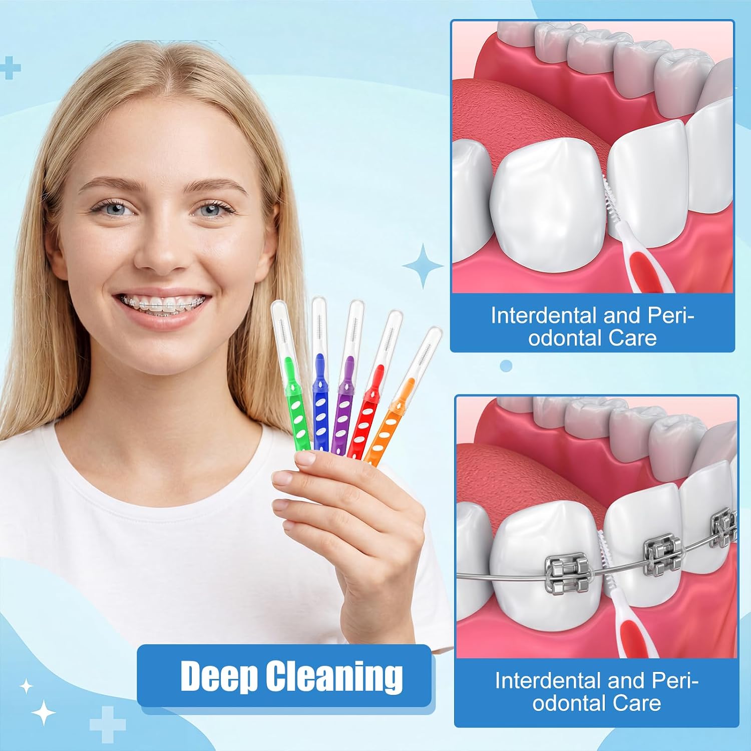 Domensi 80 Pcs Interdental Brushes Bulk Soft Bristles Dental Picks with Caps for Braces Cleaning Toothbrush Cleaner Tools for Sensitive Orthodontic Work Teeth Cleaning