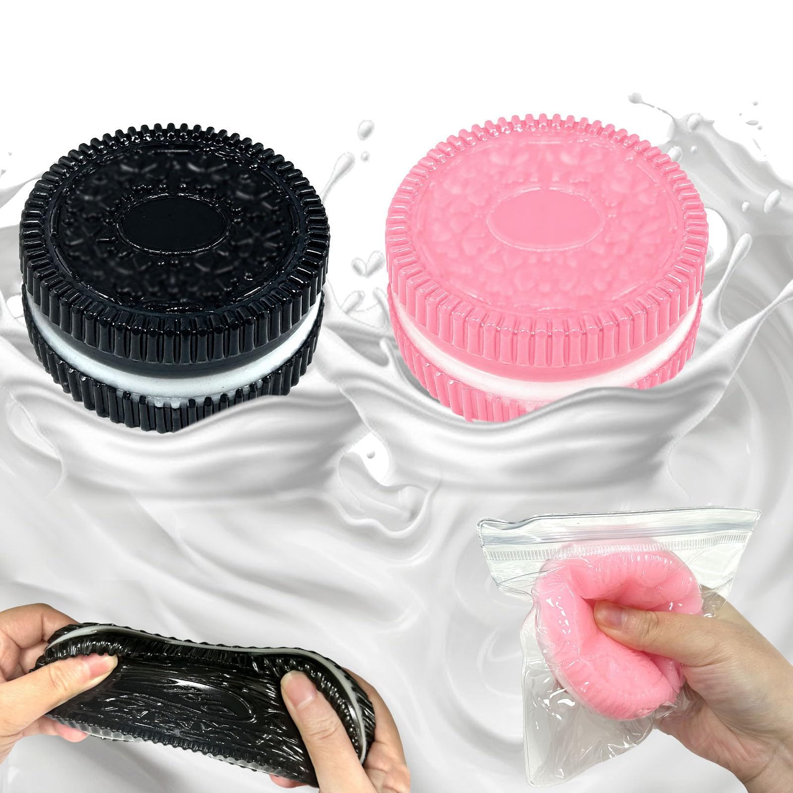 Set De 2 Biscuits Antistress Squeezie – Ultra-doux, Noir Et Rose, Taille Poche, Décompression Instantanée