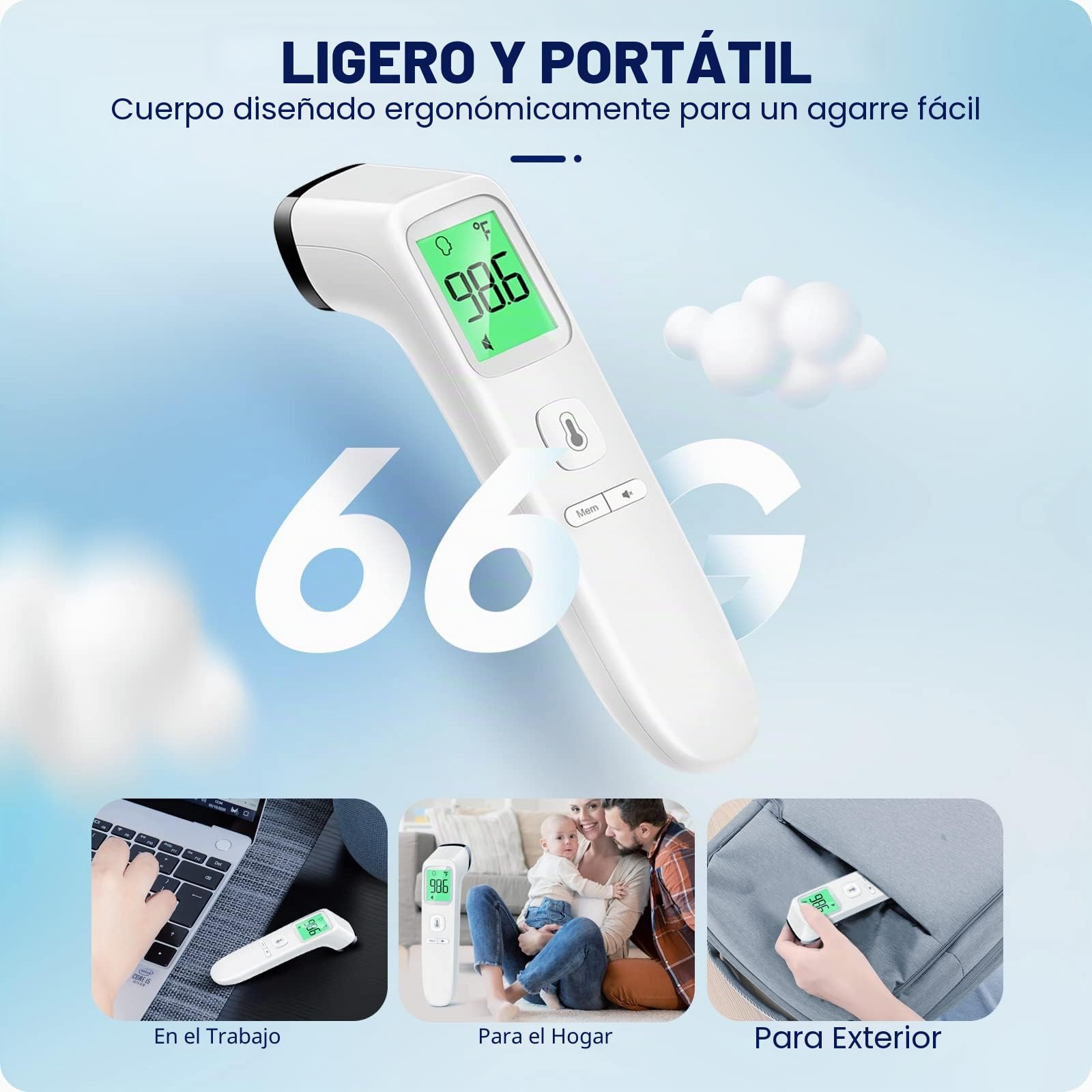 Termómetro de frente, termómetro para bebés y adultos con alarma de fiebre, pantalla LCD y función de memoria, ideal para toda la familia (blanco)