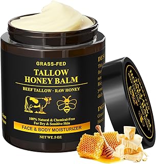 Beef Tallow for Skin, Tallow and Honey Balm, Organic Grass-Fed Whipped Beef Tallow Cream, Deep Moisturizing Facial & Body Balm, 100% Natural Face Moisturizer for All Skin Types (5oz)