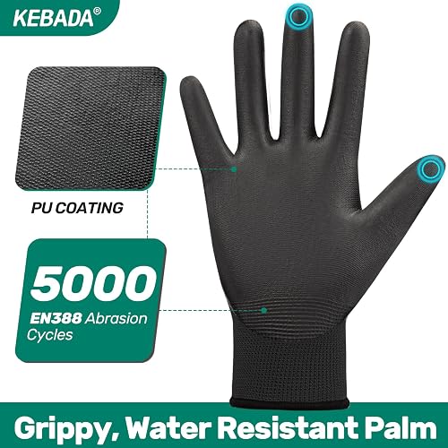 Kebada Gants de travail pour hommes et femmes, gants de sécurité enduits PU, antidérapants et tactiles, idéals jardinage, mécanique, entrepôt, conduite, construction, industrie, Noirs, 12 Paires, L - 2