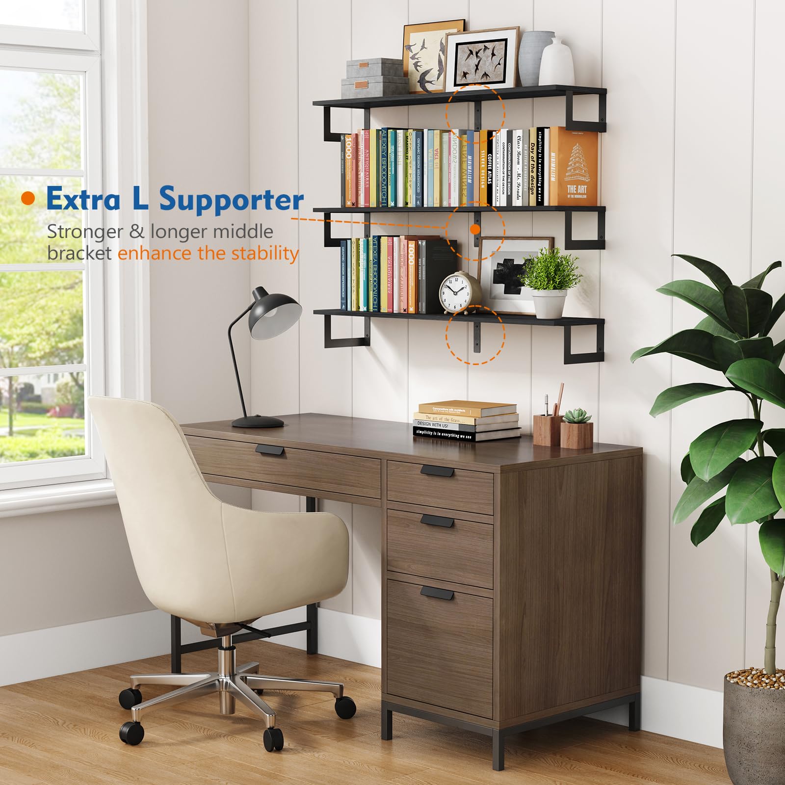 Harwaya Juego de 3 estantes flotantes grandes para libros de pared, estante de montaje en pared de 36 pulgadas de largo para dormitorio, estantería colgante de madera resistente para libros
