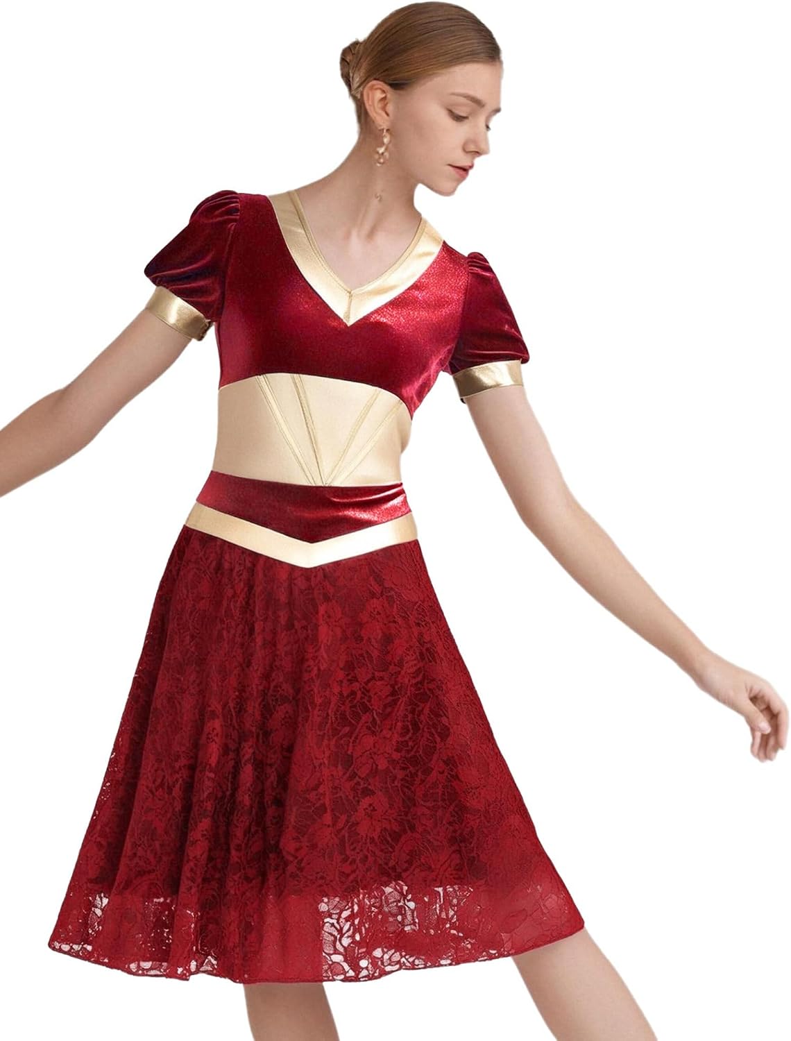 Vxuxlje Womens Arabian Dance Costume Floral Lace Patchwork Short Sleeve A-line Dress Dancewear
