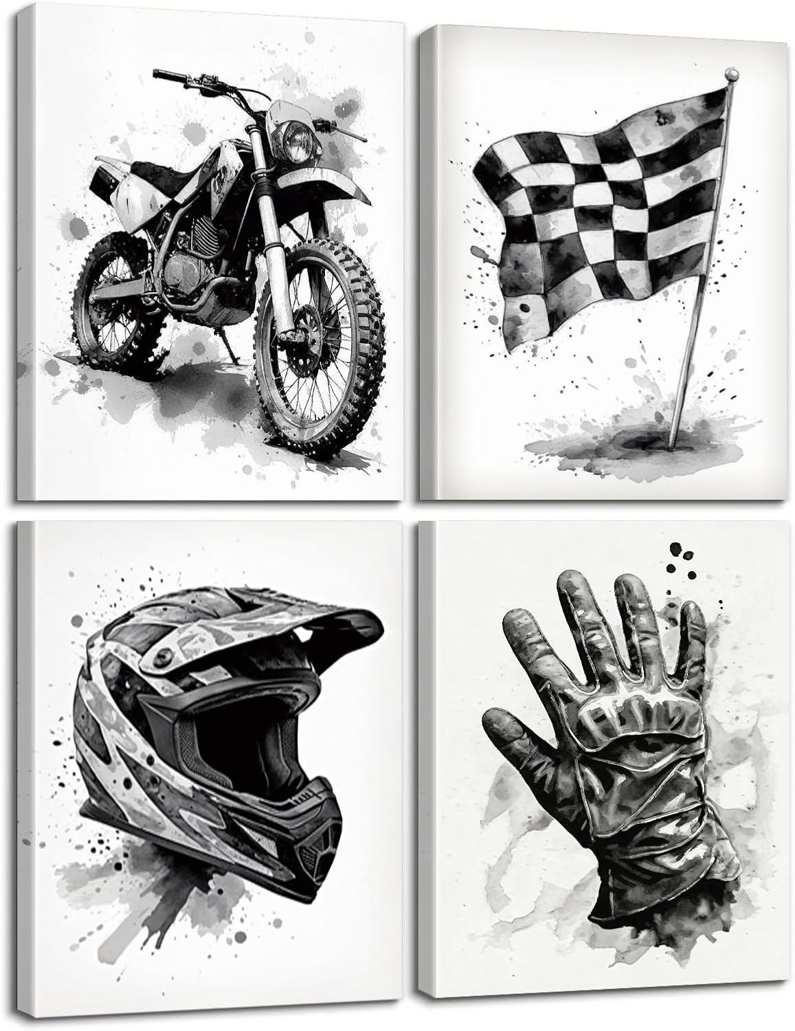 Framed Motocross Wall Art, 4 Set 8x10 Inch Black and White Motorsport Dirt Bike Checkered Flag Helmet Riding Glove Canvas Prints for Garage Man Cave Decor