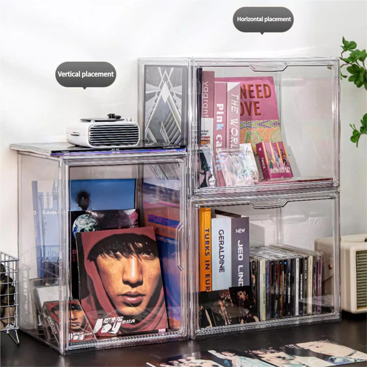 Full - Transparent Storage Box Multifunctional Organizer with Round Handle & Embedded Card Slot Ideal for Albums Magazines Shoes Dolls Decorations (Extra-large 45x33x33)