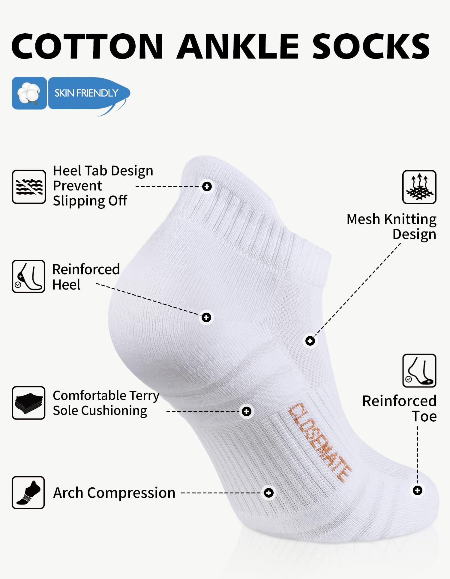 CLOSEMATE Athletic Running Ankle Socks for Men & Women Cushioned Breathable Low Cut Tab Socks with Arch Support 6 Pairs - 5