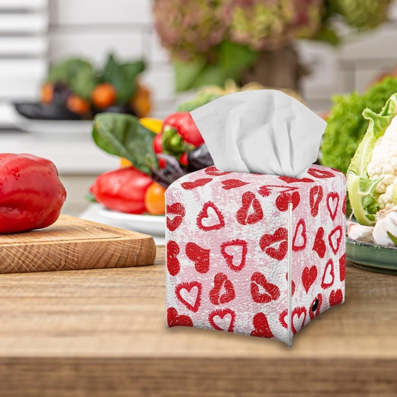 doginthehole Valentine's Day Decorations Tissue Box Cover Square Tissue Holders Decorative Red Lips Hearts Tissue Case Facial Paper Organizer Dispenser for Bathroom, Bedroom, Vanity Countertop image 4