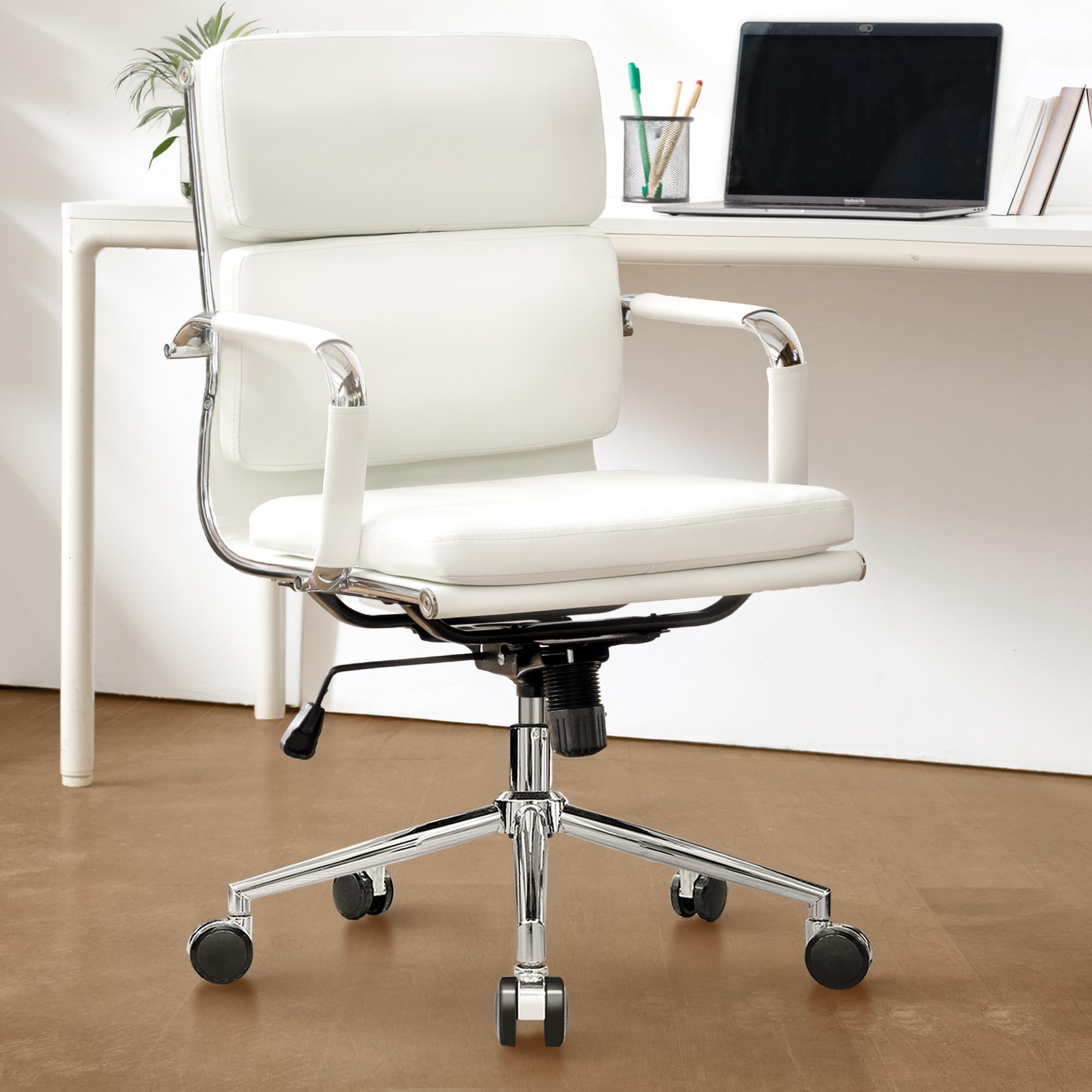 NEO CHAIR Office Desk Ergonomic Chair Leather Executive Mid-Back Modern Conference Comfy Adjustable Padded Swivel Rolling Home Vanity Chairs with Arms Wheels (White)