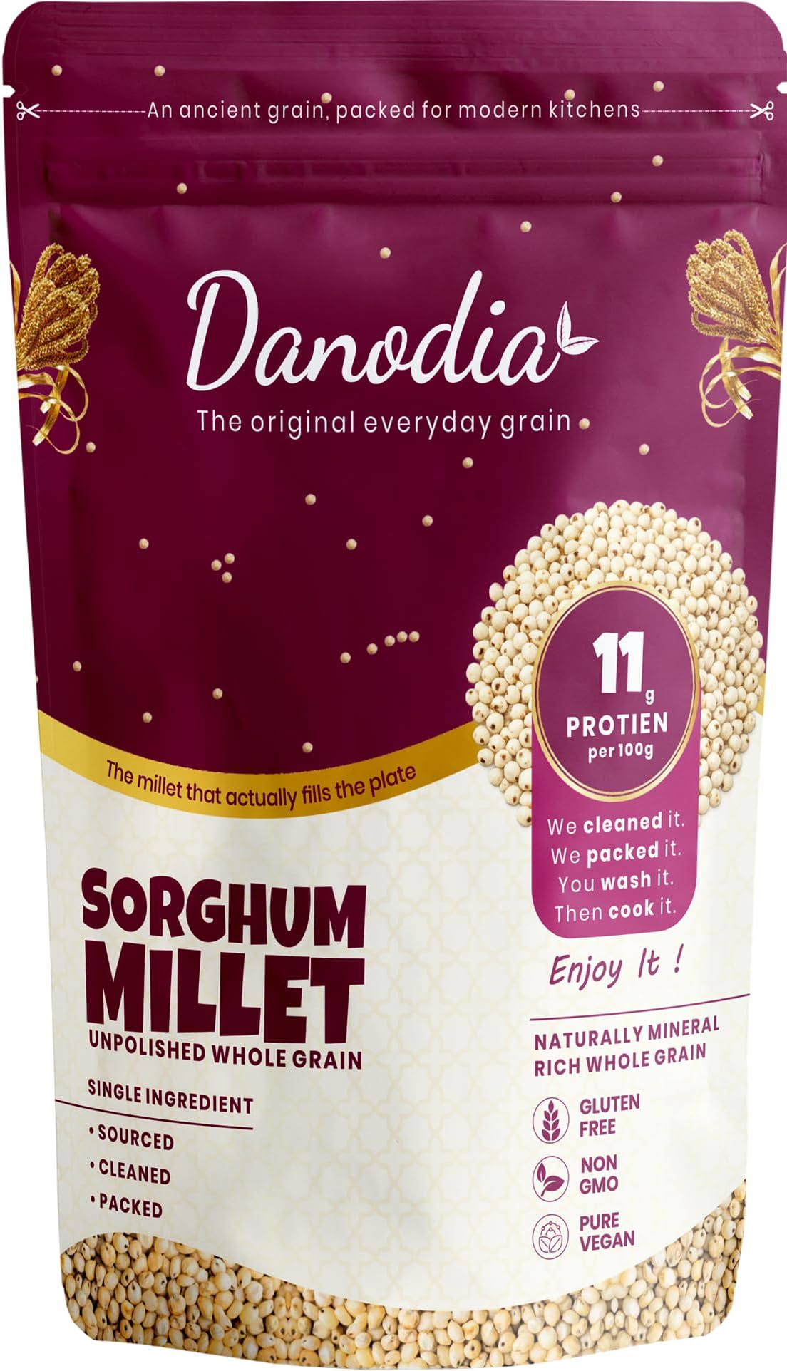 Danodia Natural White Sorghum Millet Unpolished Jowar Whole Grain 950g | Bili/Jola/Jonnalu/Cholam | Gluten-Free, High Fiber & Protein, Heart-Healthy, Ideal for Rotis, Porridge, Upma & Baking