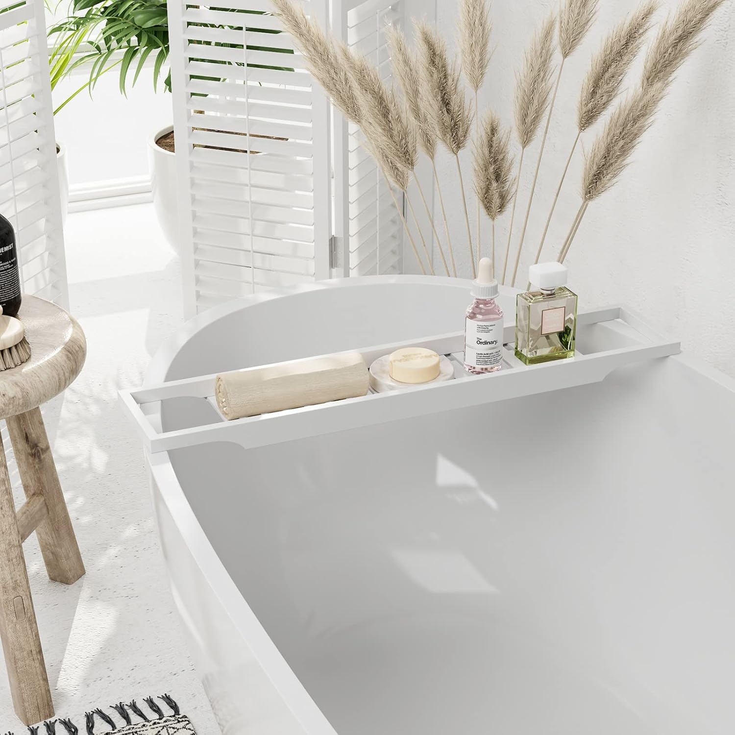 Bandejas de baño de bambú para bañeras estrechas, bandeja de accesorios resistente al agua para velas, teléfono, copas de vino, organizador de estante de ducha, color natural