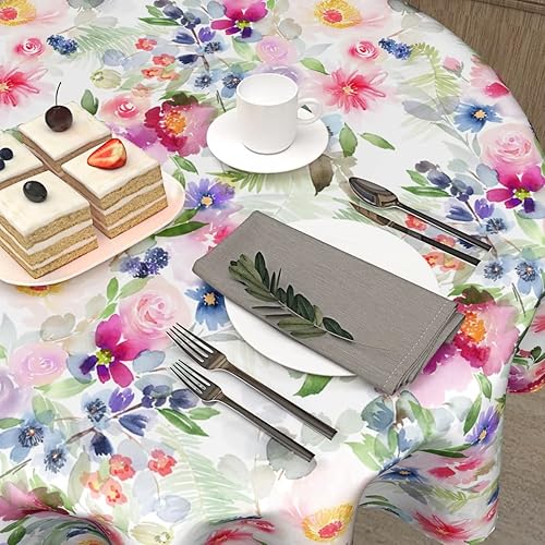 Miniatura 6 de Sweetshow Mantel redondo floral de acuarela de 60 pulgadas para primavera y verano color rosa mantel rústico verde para cocina mesa de comedor sala