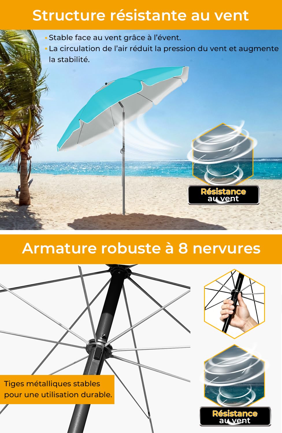 Parasol Plage Inclinable UV50+ 200cm Turquoise HOMEDEMO avec Pied d'Ancrage & Housse