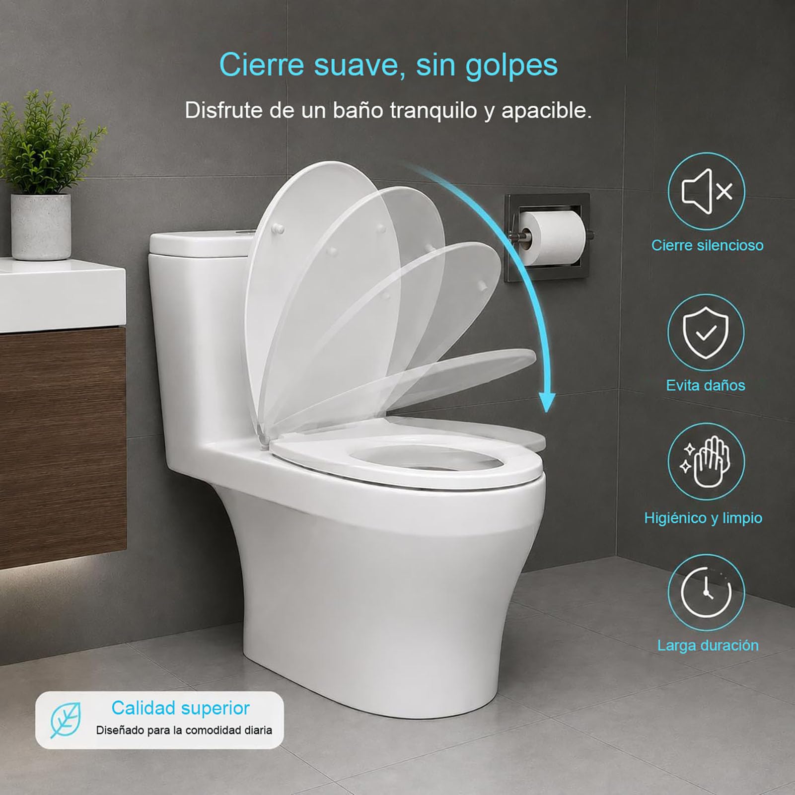 Tapa WC Cierre Suave, Tapa de Inodoro en Forma V, Polietileno, 46x37.5cm