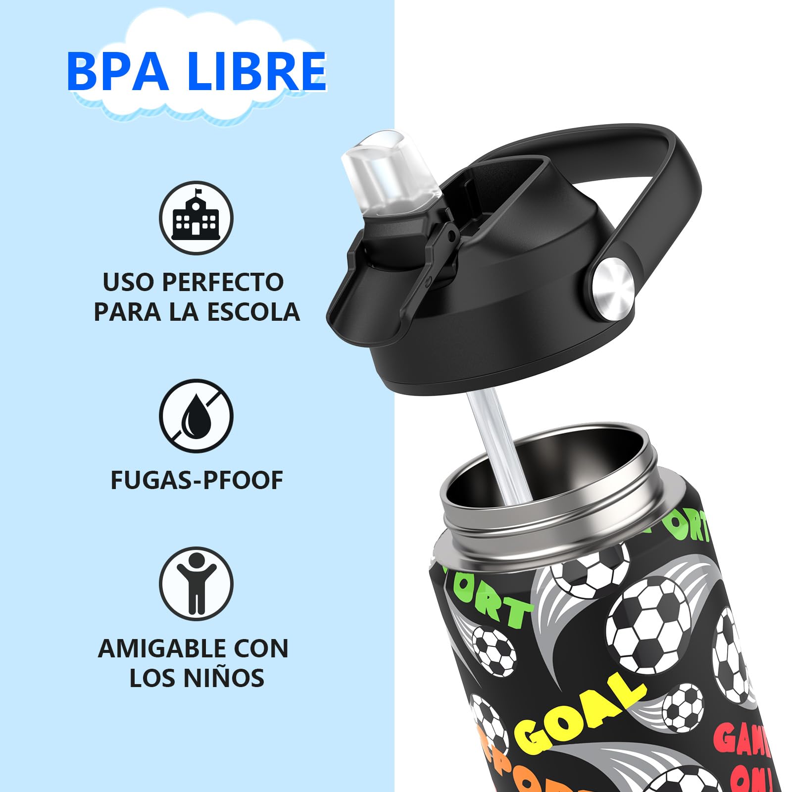 Botella De Agua Aislada Para Niños Con Pajita,550 Ml,taza Infantil De Acero Inoxidable,a Prueba De Fugas-sin Bpa,para La Escuela（Fútbol）