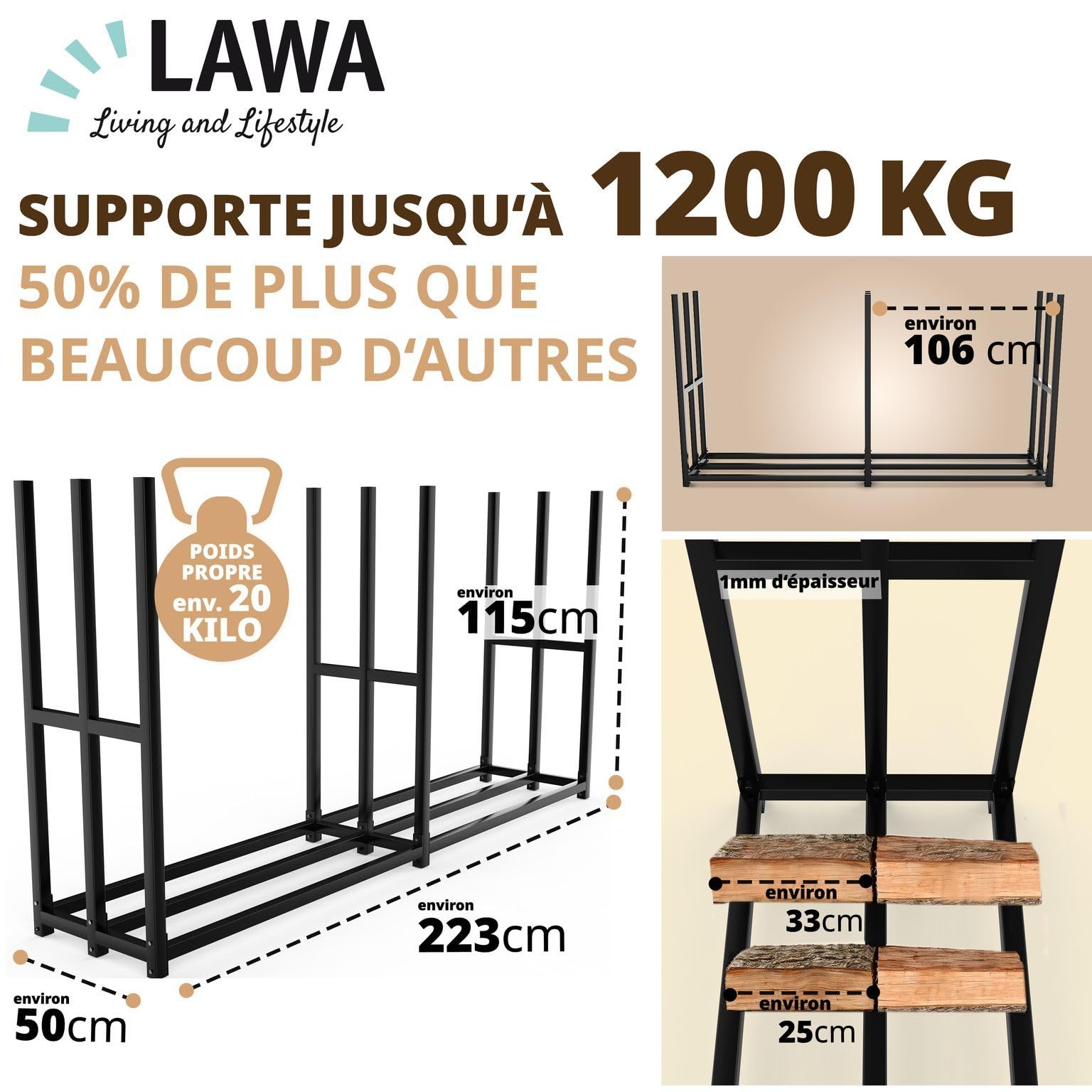 LAWA Porte-bûches extérieur métal galvanisé 223x50x115 cm Support 25-33 cm