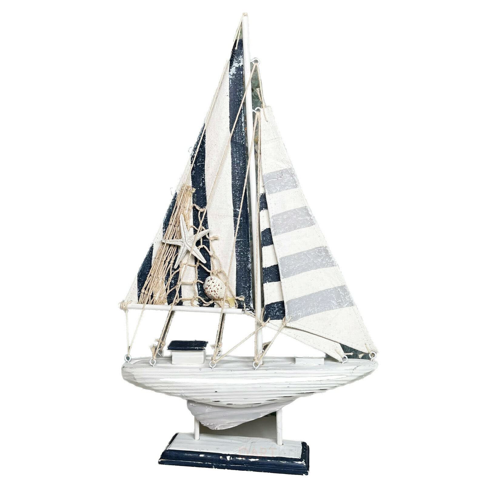 Darthome White, Blue Rustic Sailing Boat Model Nautical Wood Fabric Striped Sail Bathroom Ornament 42Cm