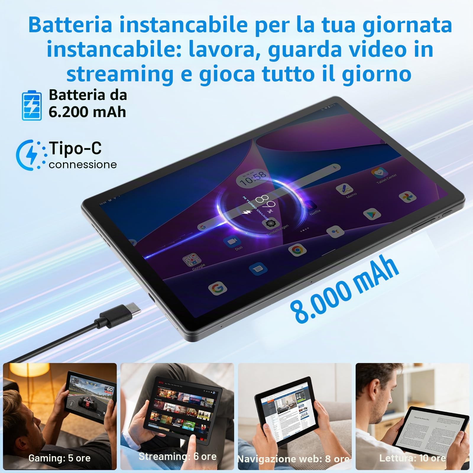 Tablet Android 15 GMS 30GB RAM 128GB ROM Octa-Core 6200mAh 1280x800 HD WiFi 6 BT 5.3 Grigio