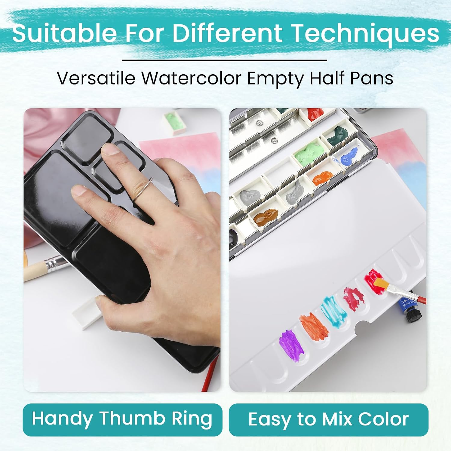 24 Full Pan Empty Watercolor Palette Tin - Enameled Durable Design with Mixing Wells & Thumb Ring, Travel-Ready for Plein Air Painting - Take Your Art Anywhere